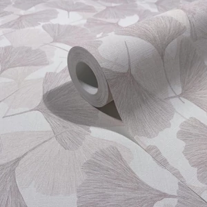 Törtfehér és szürkés-bézses-rózsaszín tónusú 3d gingko mintás tapéta