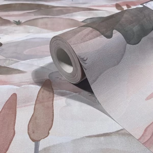 Törtfehér terrakotta/lazac barna és kék tónusú hullámzó dombos tapéta