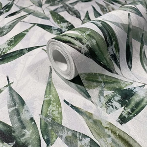 Fehér alapon méregzöld színű leveles tapéta