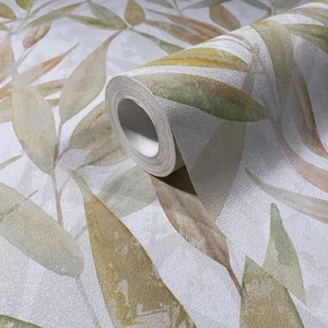 Fehér alapon barna zöld leveles tapéta