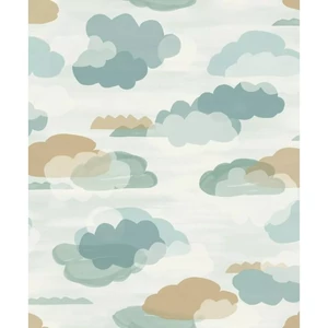 Fehér alapon zöld, kék, türkiz és okker felhő mintás tapéta