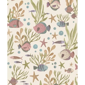 Világos bézs alapon kék zöld barna lila rózsaszín tenger alatti világ mintás tapéta