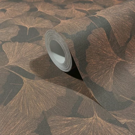 Szénfekete és antikolt bronz tónusú 3d gingko mintás tapéta