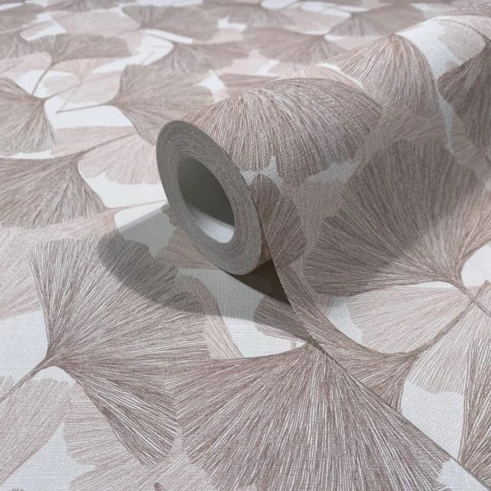 Púderrózsaszín és tejeskávé tónusú gingko 3d mintás tapéta