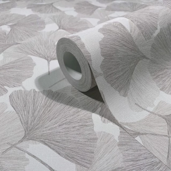 Törtfehér és púderes szürke tónusú 3d gingko mintás tapéta
