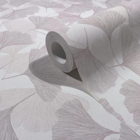 Törtfehér és szürkés-bézses-rózsaszín tónusú 3d gingko mintás tapéta