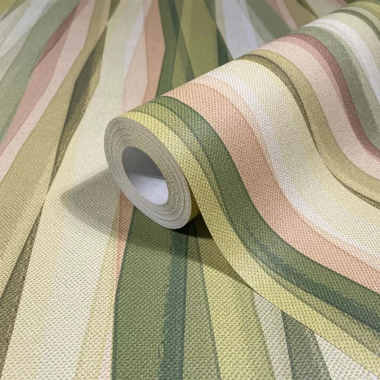 Zöld barna sárga csíkos mintás tapéta