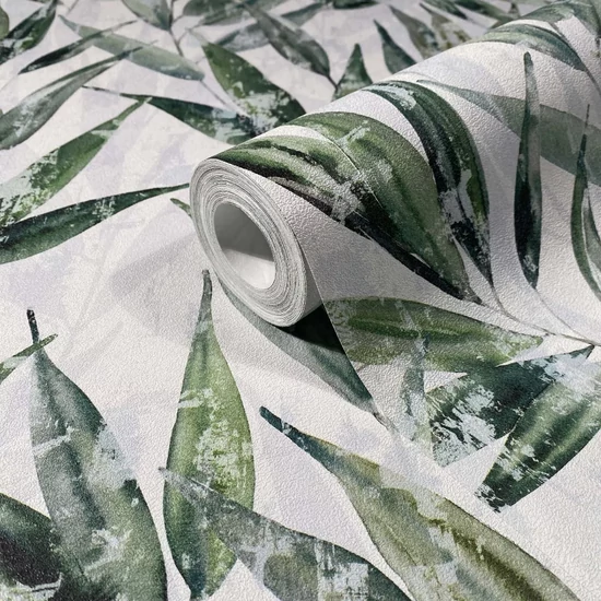 Fehér alapon méregzöld színű leveles tapéta