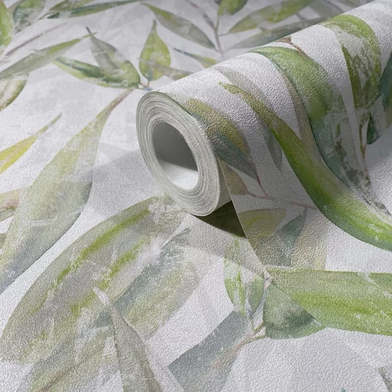 Fehér alapon zöld leveles tapéta