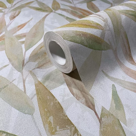 Fehér alapon barna zöld leveles tapéta