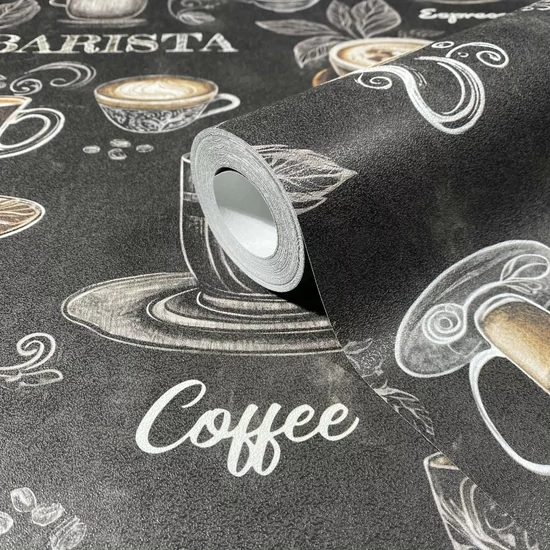 Fekete alapon barna kávé mintás tapéta