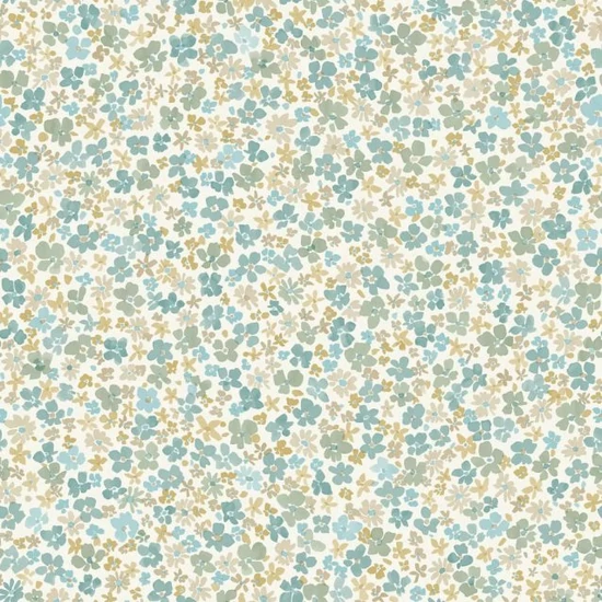 Fehér alapon türkiz zöld kék okkersárga virágos tapéta