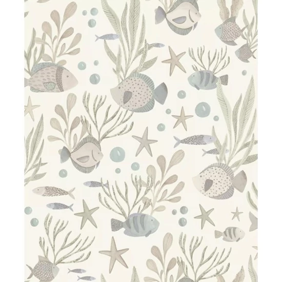 Fehér alapon zöld bézs szürke kék tenger alatti világ mintás tapéta