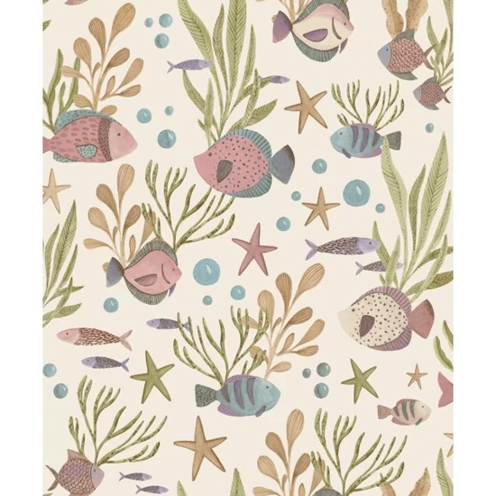 Világos bézs alapon kék zöld barna lila rózsaszín tenger alatti világ mintás tapéta