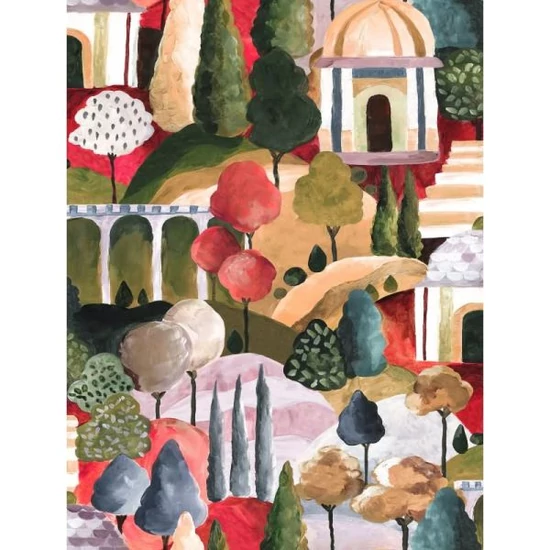 Zöld sárga piros kék fekete tájkép tapéta