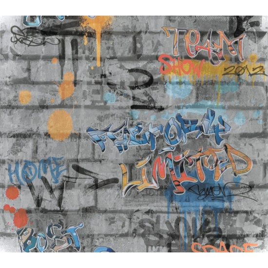 Szürke, kék, piros, narancs, fekete, tégla mintás alapon grafiti  tapéta